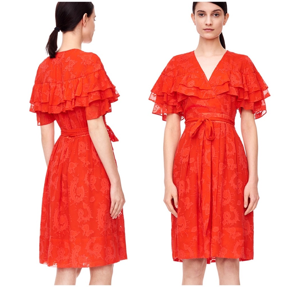 REBECCA TAYLOR Orange Red Ruffle Clipdot Silk Blend Fall Dress 2 Tie Waist Twee